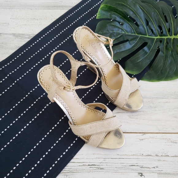 Lilly Pulitzer| Wedge Sandal Gold Textured Size 8.5 - Picture 2 of 9